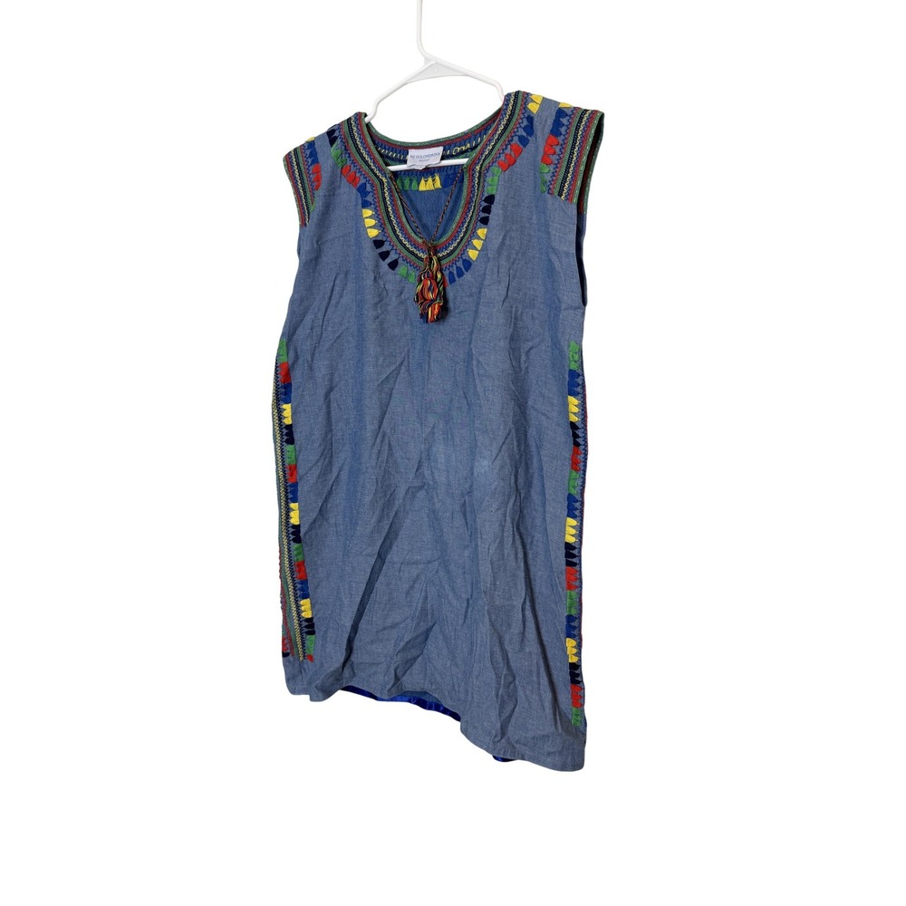 Mi Golondrina Dress Womens Small Blue Chambray Embroidered Shift Boho Mexican